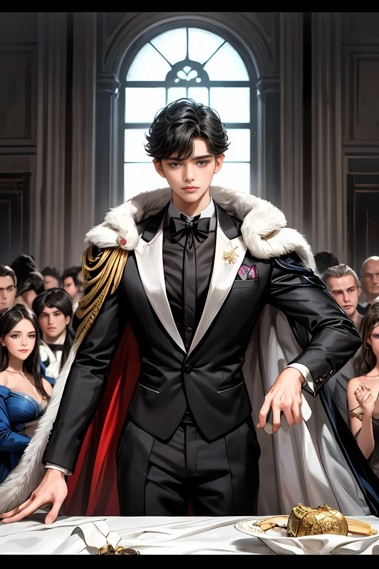 masterpiece, 最high quality, high quality, 1 boy, alone, Male focus, Watching the audience, Messy black hair, Adorable big blue eyes, White, Noble, Noble,Sexy voluminous cape、Tuxedo、A very voluminous, large, very large, very large, long, long red and black cape with a high stand-up collar, reaching down to the floor, made of a lot of fabric., ,Cute beautiful boys,Cute, cute, kind, handsome guy