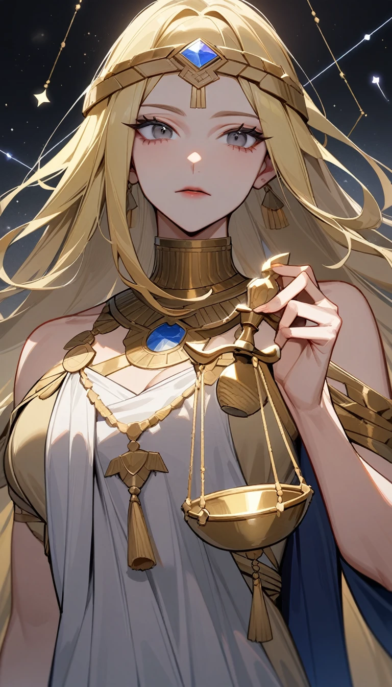 (Huang Li、high quality、Extremely detailed),Constellation - Libra goddess,Huge Libra,Woman holding a scale,Similar to Latin goodness,brave,capricious,Productivity,The face of enterprising and humanitarianism,Long yellow hair,Ancient Greek costumes、Wrap Dress,Conservative clothing,The background is the universe,Crystal black eyes(Eyes Details),Powerful appearance, Correct anatomy