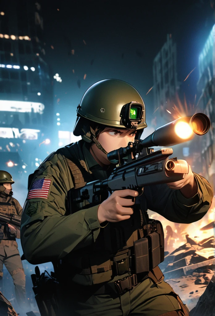 high quality, high definition images, full HD、8k.1 young man, Short brown hair in American combat uniform Wear a helmet deeply, holding a sniper rifle 、midnight city area, using a night vision goggle, pitch black The night vision light is green, Firing a gun from the rubble, 8k, HD, hyper detailed, anatomically correct