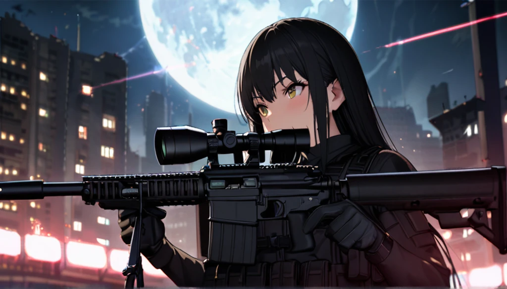 Highest quality, Highest quality, 16K, Unbelievably absurd, Very detailed, delicate and dynamic, Natural light, The particles reflect light, Diffuse reflection of light, Vortex of Light, dark outfield, ruined big city, roof top of ruined building, moon night, illumination, Create amazing image effects, Upper body close-up, (sole sexy girl, Firm bust, , powerful, A professional sniper,, aiming a target with M16 auto rifle, swat uniform,)