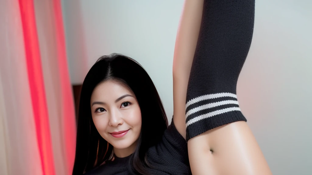 1gravure, from the chest up, masutepiece, Best Quality, Ultra-detailed, Photorealistic, super detailed skin, Perfect Anatomy, (1 japanese mature woman), (Solo), sixty years old, (Wrinkles at the corners of the eyes:1.3), Large breasts, A MILF, glamor, A sexy, Chromo-white skin, Looking at Viewer、Super large udder、Sleeveless knitwear、Tight Fit Knitted Dresseuchimuchi、Black pantyhose、high-heels、Smile、sitting on、Hotel bedroom