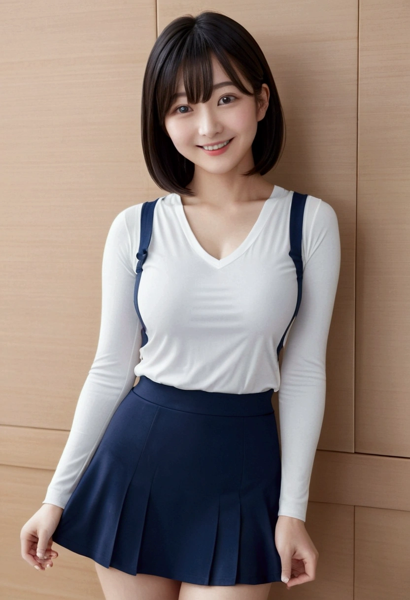(masterpiece)、(Highest quality:1.5)、(Realistic:1.2)、(Surreal), (High resolution), (Realistic), (Post-processing),(Sharp focus), Sharp focus:1.2,Backlight, (Improvement of quality:1.4), Healthy Thighs、(Tight waist)、Big Ass、((Perfectly detailed five-fingered hands)),(Anatomically correct body)、((1 female:1.4))、Japanese、Realistic Skin、(Small box:1.4)、Bust size is C cup、Beautiful woman with perfect figure:1.4,(from the front:1.5), (Enhances the beauty of skin texture:1.1),No makeup、美しいBlack Hair、最高のsmile、Natural color lip、(Small Mouth:1.4)、(Oval Face)、Bangs too、Hide eyebrows with bangs、Bob Hair、Hair blowing in the wind, (Black Hair, iris, Watery eye, Shining Eyes, Bob Cut Hair,), Hair behind the ear、No makeup、(Droopy eyes)、Drooping eye corners、Photos taken by a professional photographer,1 girl, かわいいsmile,whole body、(((Lovely lady)),((優しい大きなsmile)),(( Small breasts,Small breastsの谷間)),((((Plump Cheeks)))),((whole body:1.5)),(((((Realistic:1.4))),((((whole body写真))),(the body is slim)),((Lens flare),(Tight waist)),Standing Random Pose, smile, Natural Breasts, Perfect lighting, (mysterious), Clear and detailed,(Background in the school)、(ID photo pose 1.2)、(With cleavage 1.2)、(thin legs 1.2)、(delicate, Plump and moisturized lips)、((((A woman wearing a navy blue vest over a white long-sleeved shirt:1.4))))、(A woman wearing a with a mini skirt.:1.4))、((smile:1.4)、