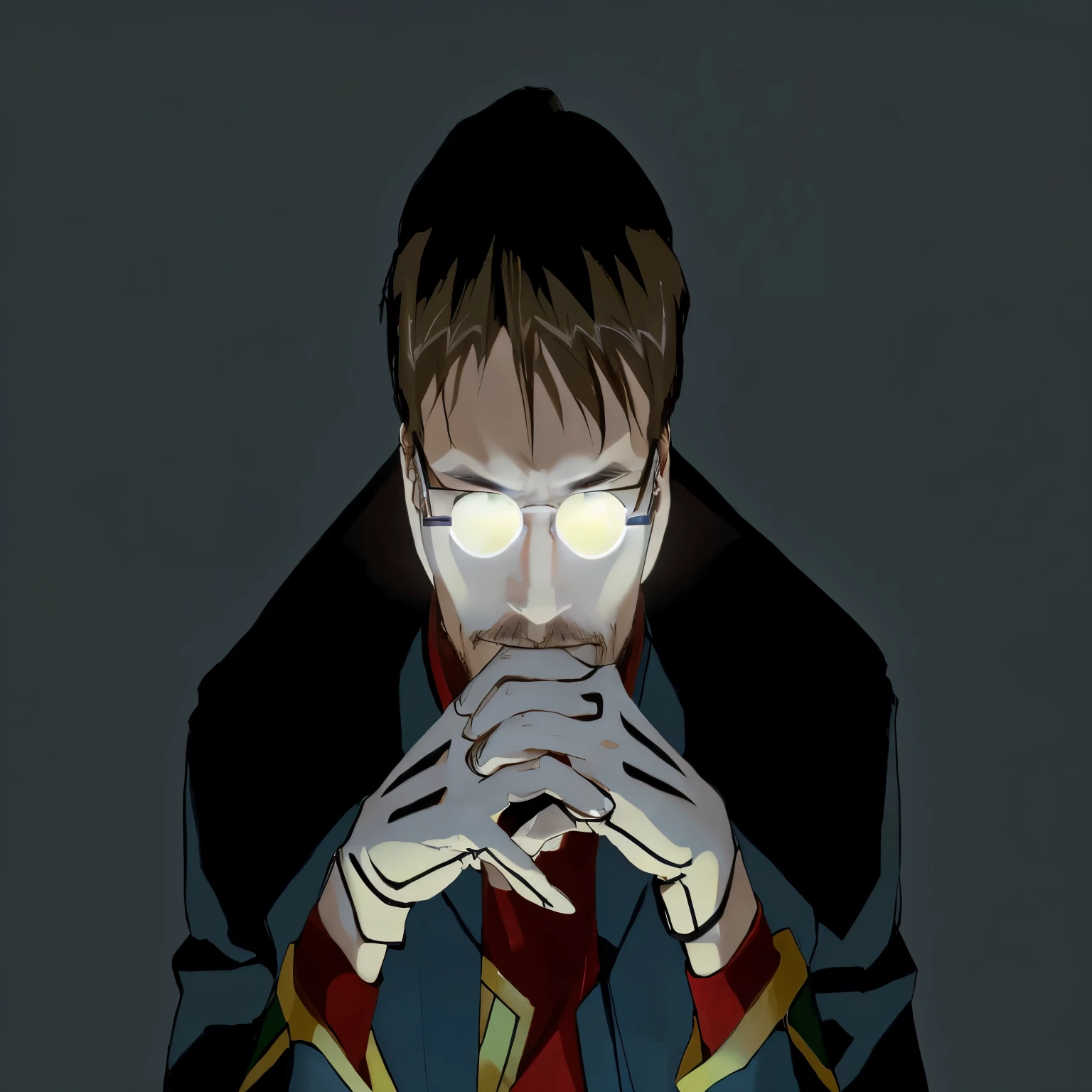 A japanese man with shining white glasses with dark brown hair seating in gendo ikrai pose thinking wearing a suite 