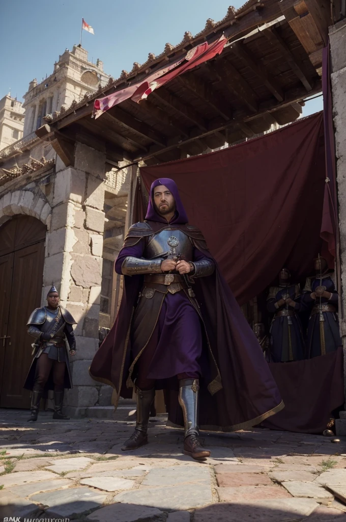 ((Best quality, 8k, Masterpiece :1.3)), Sharp focus :1.2, dynamic light, a powerful army in the background, epic scene, wide perspective, medieval period, luxury, powerful empire, purple outfit, core color is red, banners, wear armor, Ottoman and Roma Culture, two imperial armies are fighting each other