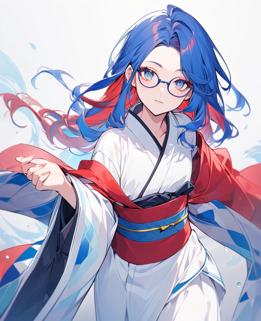 **Appearance**:
- **Hair**:
- **Color**: Predominantly red with blue waves streaking through.
- **Style**: Medium-length and wavy, with the blue waves creating a striking contrast against the red. The hair is styled with a side part, with strands falling gently over the forehead.
- **Bangs**: Soft, wavy bangs that frame the face, with the blue waves interspersed throughout.
- **Eyes**:
- **Right Eye**: Red.
- **Left Eye**: Blue.
- The eyes are vibrant and striking, adding to the character's unique appearance.
- **Glasses**:
- **Type**: Round, thin-framed glasses that sit neatly on the bridge of the nose.
- The glasses give a scholarly and thoughtful appearance.
**Clothing**:
- **Kimono**:
- **Color**: Light-colored base (such as white or off-white).
- **Pattern**: A basic star pattern scattered across the fabric, creating a simple yet elegant look.
- **Fit**: Traditional, loose fit with wide, flowing sleeves.
- **Obi (Sash)**: Dark-colored (such as black or deep blue), tied around the waist to secure the kimono.
- **Collar**: Neatly folded, worn in a traditional manner with the left side over the right.