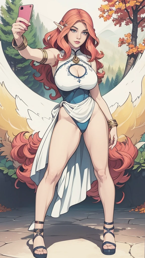 (Masterpiece, Best Quality, High Quality),volumetric lighting, illustration, beautiful,milf goddess, cowboy shot, blue eyes, orange hair, white bodysuit, sexy, goddess wings, gold tiara,on clouds, blue sky  , slingshot swimsuit 