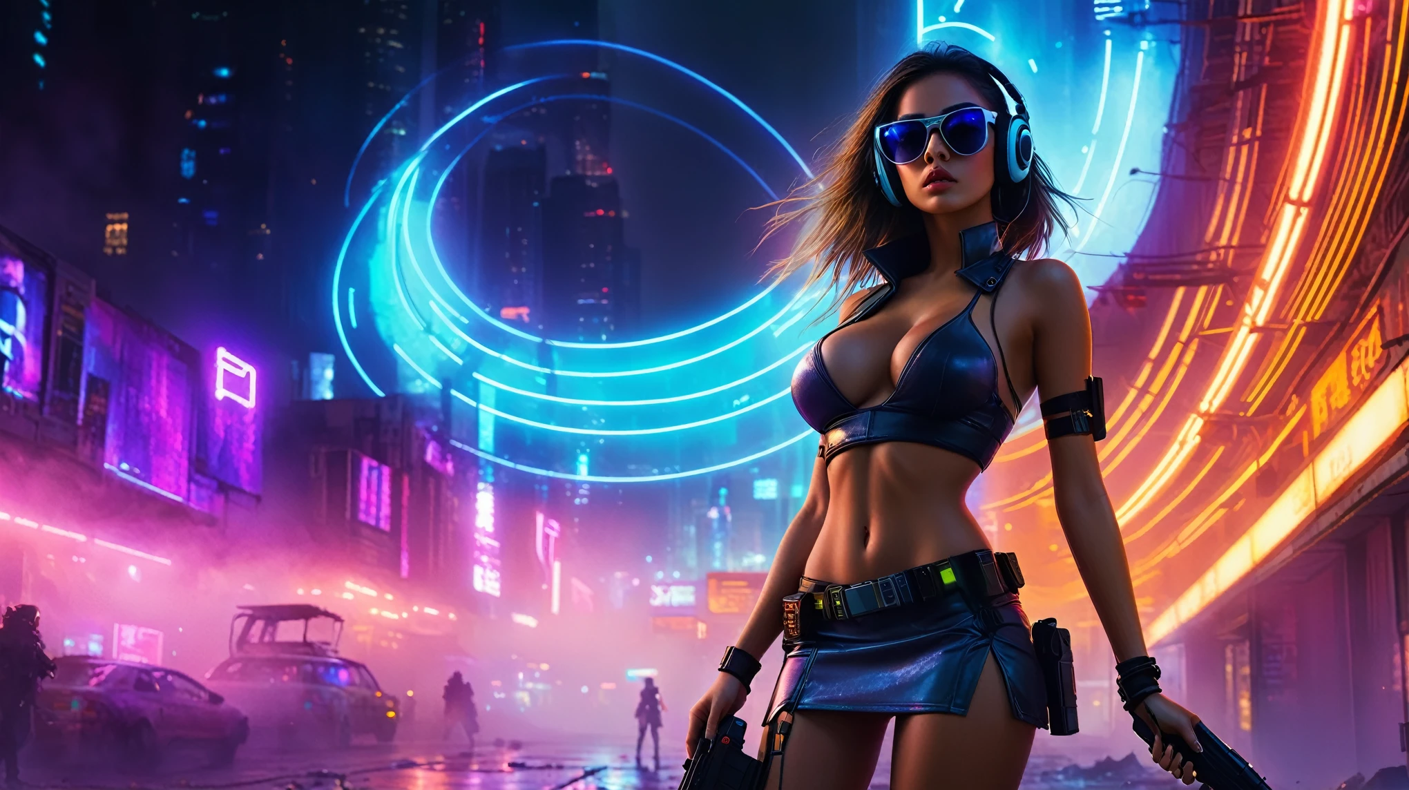 dark futuristic landscape, at night, neon lights, Atmospheric fog, large buildings in the background, futuristic city, streets with open shops, skyscraper (postapocalyptic city:1.3). (((1girl, solo, alone))), large-breast:1.2 slim body, cleavage:1.1, sexy miniskirt, (((headphone, black sunglasses, standing and holding pistol pose))), (((half-body thigh level medium shot))), cinematic lighting, lens flare, ray tracing.