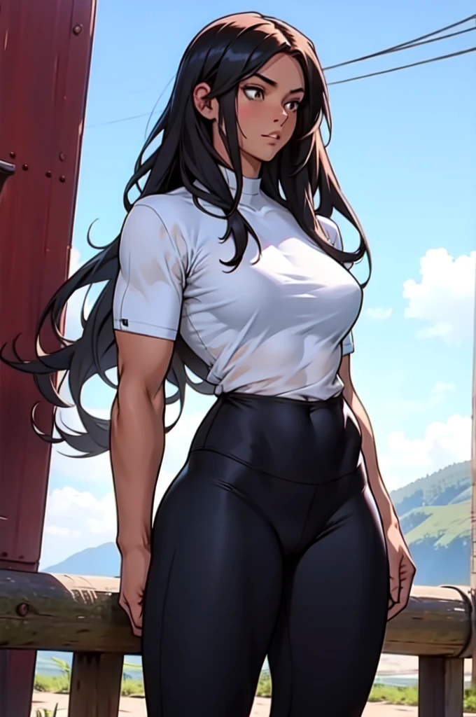 extremely long hair perfect anatomy 1 girl tall solo curvy (muscular) tight shirt leggings cowboy shot see-through