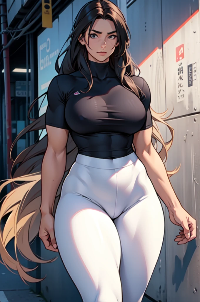 extremely long hair perfect anatomy 1 girl tall solo curvy (muscular) tight shirt leggings cowboy shot see-through