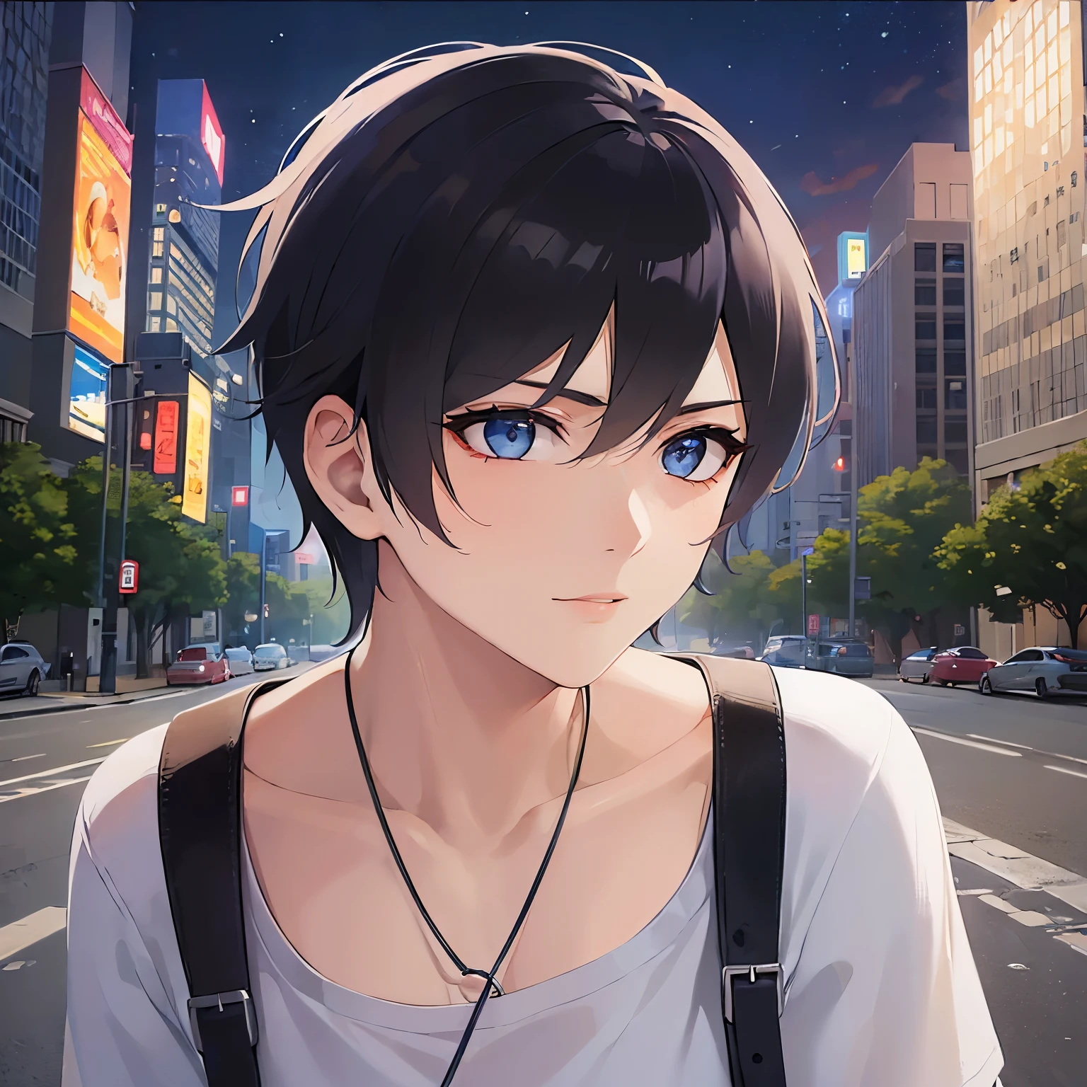 Anime boy with blue eyes and a backpack on a city street - SeaArt AI
