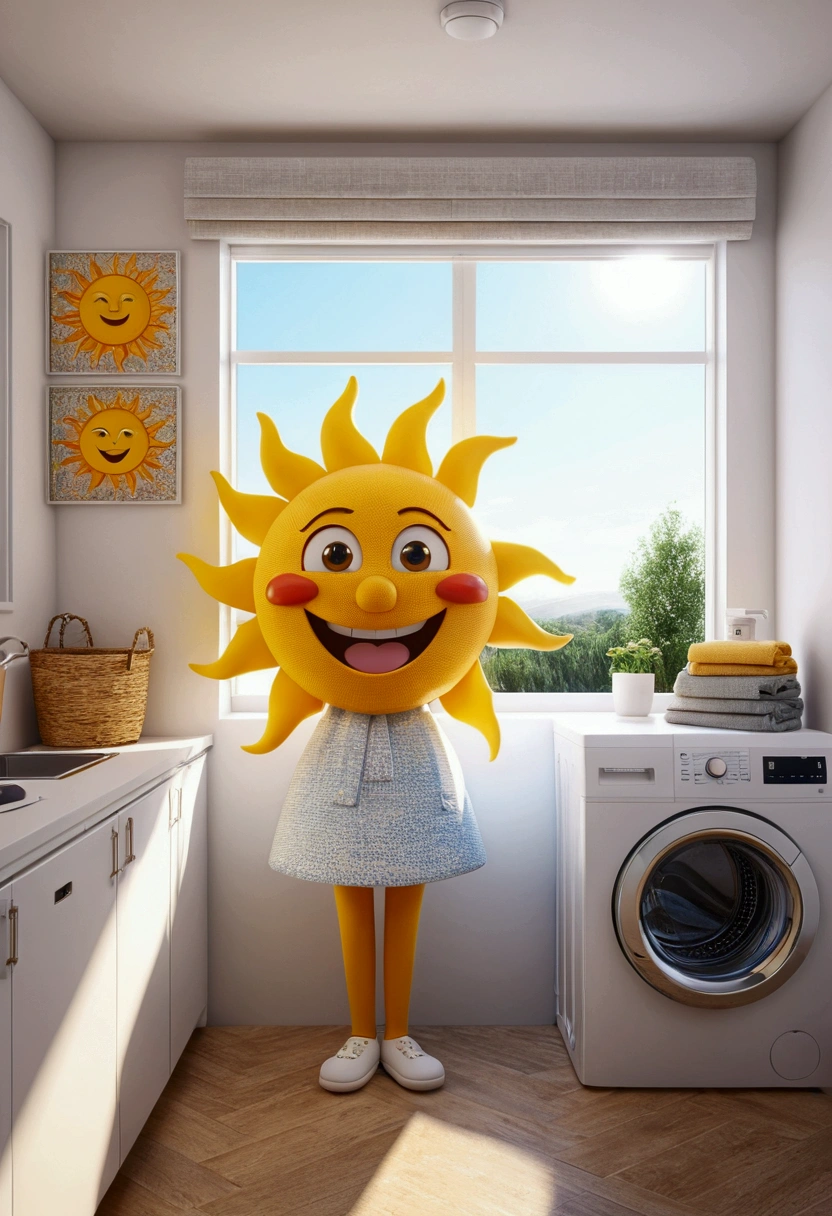 (design of character），Sun with enthusiasm and joy while standing in front of a washing machine, anthropomorphic sun, Mattresses are sun, smiling, big shiny eyes, Fantastic，Eccentric，similar to a fairy tale, super detailing, pixel style, vibrant with colors, soft natural light, solid color backdrop, 5-octane rendering, a gorgeous, Ultra Wide Angle, 8k, high realism, 8k