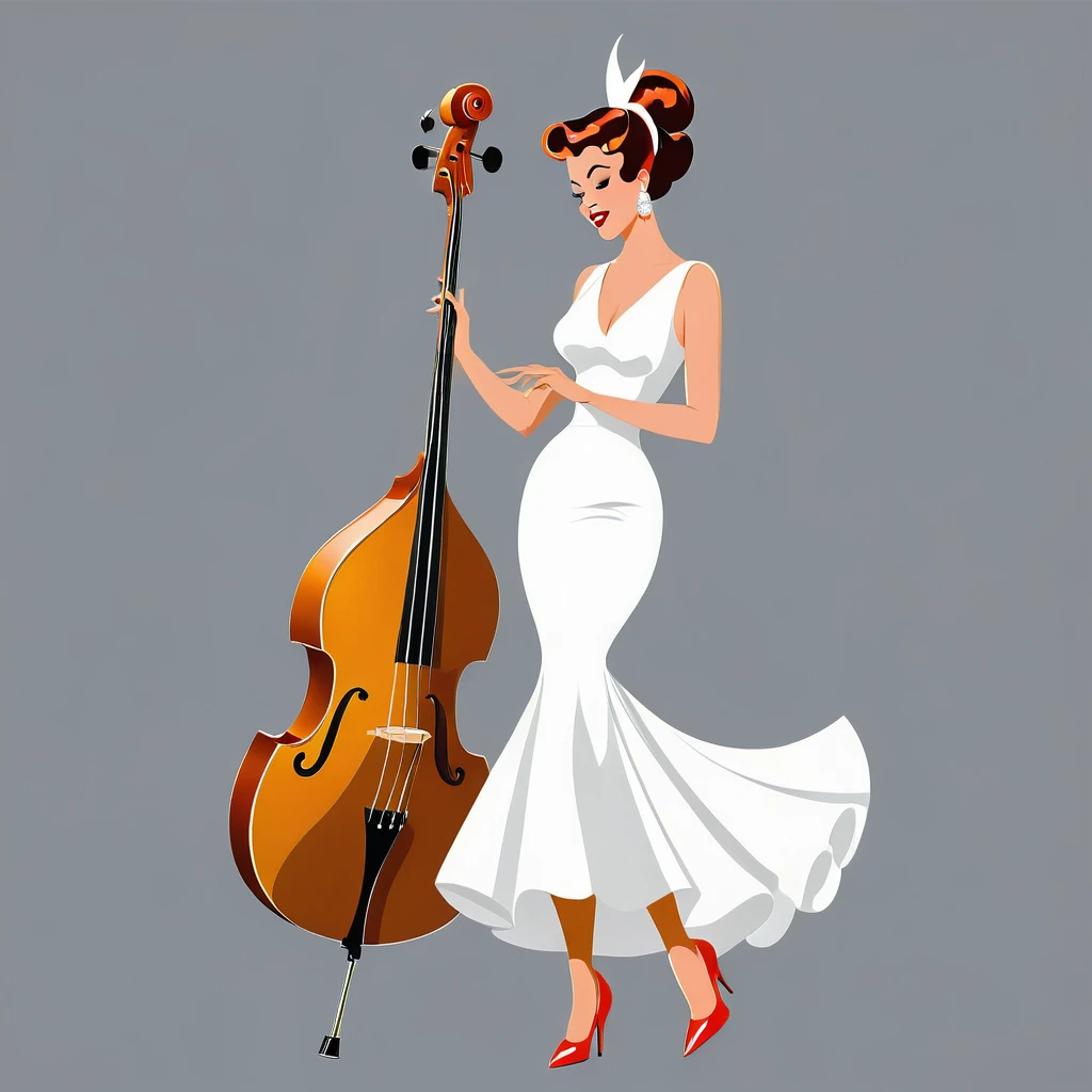 rafed woman in white dress playing a Wood Bass on grey background, inspired Tex Avery, Retro illustration, Wood Bass, In the style of digital illustration, Flat Vector Art, jazz, 1950s illustration style, stylized digital illustration, Manga style illustration, Tex Avery, Pinup Poster Girl, Vector style drawing, Vector Art Style, Elegant woman