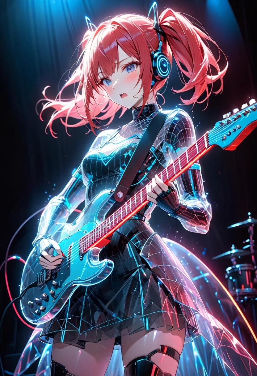 a beautiful female android with red twin-tail hair, a black translucent body, and a cold, doll-like expression, playing an electric guitar and singing into a microphone on a live stage filled with excitement, her body connected by red and white tubes that stretch from the stage, a blue glow emanating from the guitar, ultra-detailed, ultra-high resolution, masterpiece, best quality, 16k, ultra-fine painting, cinema lighting, physically based rendering, professional photography、neon sign、noc-wfhlgr