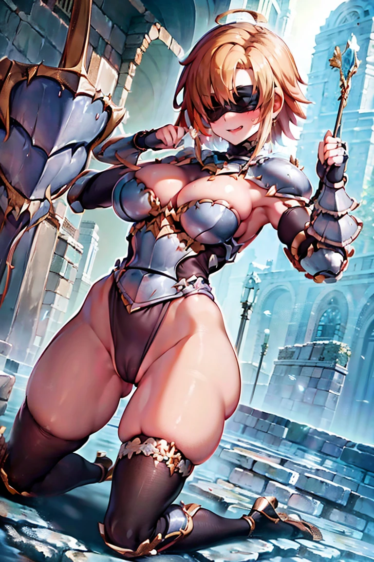 jewelry, bodysuit, fingerless gloves, knight, highleg, (((skin tight))), vambraces, arm guards,faulds,greaves, 1girl,solo,　gauntlets, armored boots, breastplate, pauldrons, shoulder armor, big armors, thighhighs, dare thighs, short hair, pink hair, (((blindfold))), adult, adult face, fearless face, curvy, perfect proportion, perfect anatomy, perfect body, armored dress knight, plate armor knight, silver knight armor, ahoge, center loincloth, skirt, black legwear, black clothes, black wear, covered arms, masterpiece, masterwork, best quality, super fine illustration, beautiful, ultra detailed beautiful face, cg unity 8k wallpaper, ultra detailed, ultra high res, round face, smile, leotard, absurdres, exquisite, by famous artist, voluptuous, official art, (((kneeling, open legs, clenched hands))), (((open mouth, long tongue, stick out tongue, tongue out, sexual ecstasy smile, smile broadly, full face blush, fucked silly, vulgarity, happy, seductive smile, dimpled smile, evil smile, rape face)))), fair skin, gleaming skin, oil skin, shiny skin, sweat, looking at big penis, front view, clenched hands, two arms, both arms, perfect arms, perfect fingers, perfect hands, large breasts, cleavage, (((paw pose))),