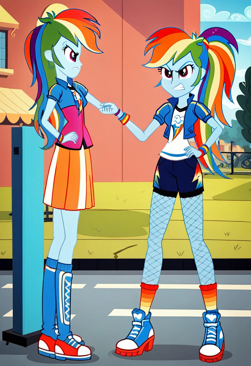 Eqg angry rainbow dash  at a school in  in fishnet tights walk 