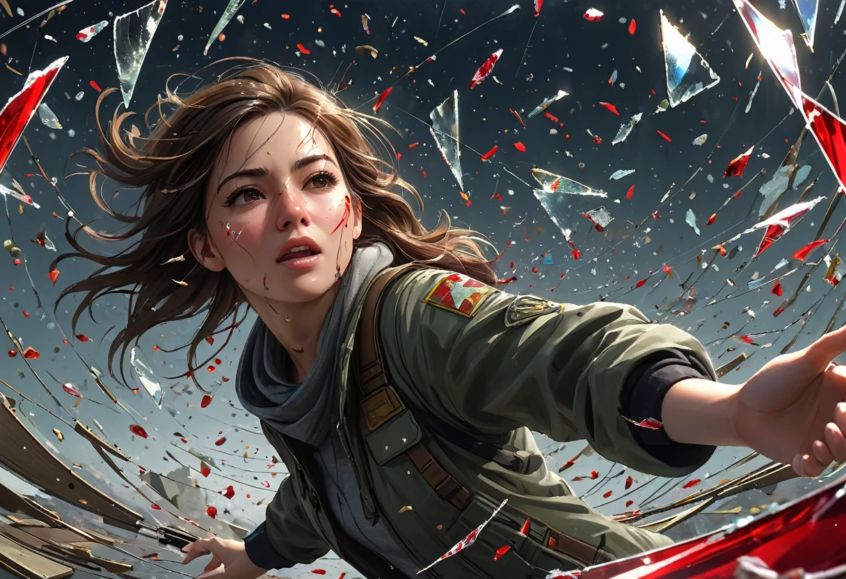 （best quality，Ultrafine，Honesty：1.37），beautiful girl，（Sniper pose），The scratches on the face ooze red sticky liquid，close up。Bullets flying through the air，Broke the glass。Instant Capture，Penetrating glass shards，Detailed bullet trajectories，Grand Slam，Broken glass scattered everywhere，The air is filled with debris，Slow motion freeze，High-speed capture，Dynamic Chaos，Precise Timing，Flying debris，Suspended in the air，Dance Clips，Stained glass fragments，Refracted Light，moving rapidly，Translucent Fragments，Fragmented Window，