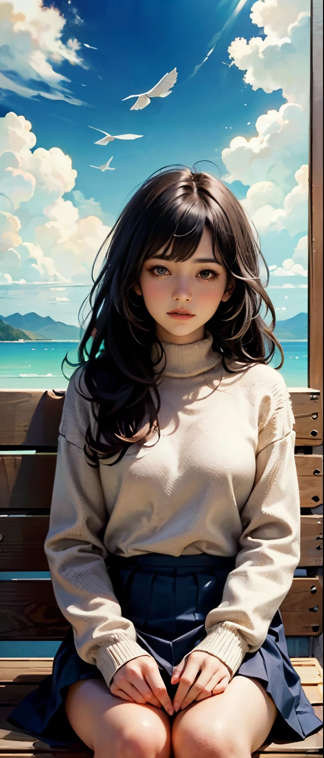 (Highest quality,4K,8k,High resolution,masterpiece:1.2), The girl in the cloud has hair as fluffy as a cloud,Overhead bird，Soft sweater，Little Star, Fantasy Illustration, Dream colors, The kids&#39;illustration style.Bright colors