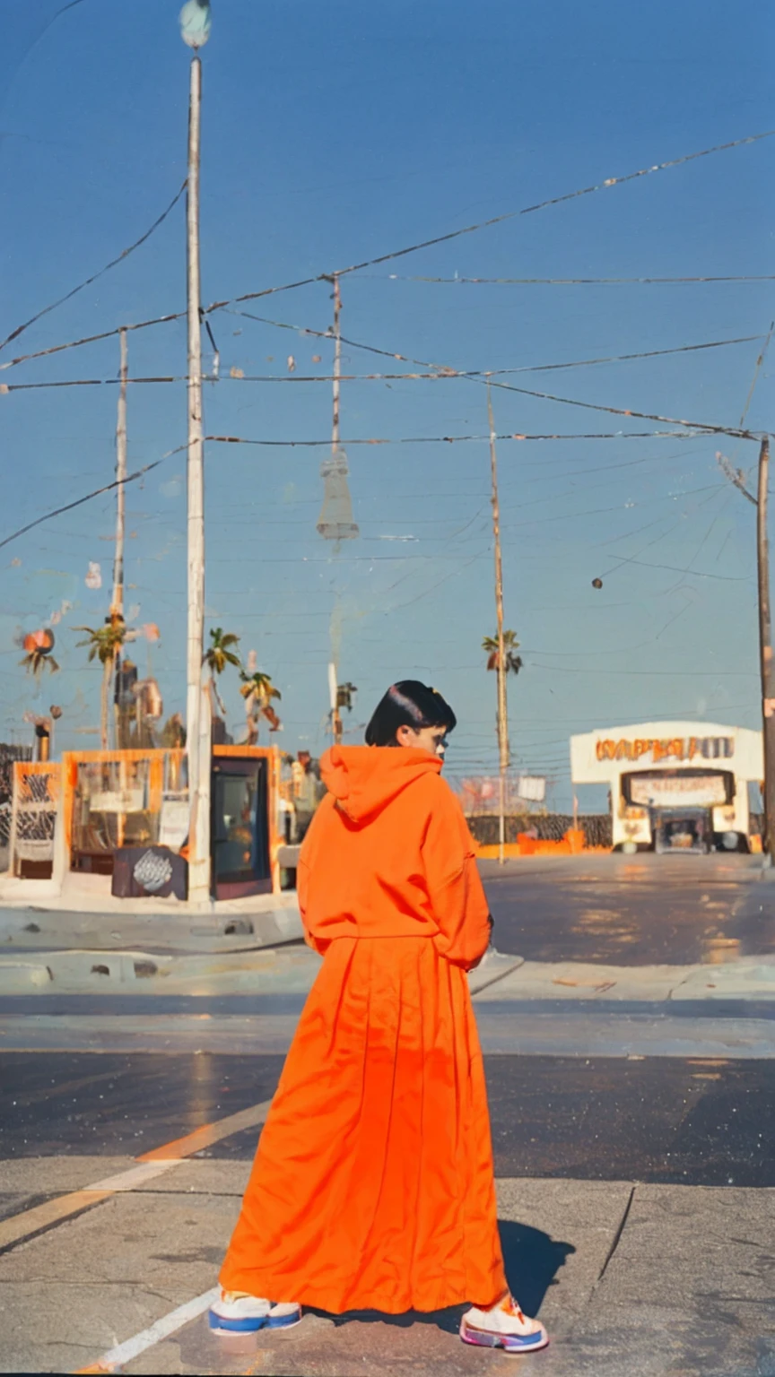 (medium shot portrait) one of cute 23 yo girl ,wear ((orange color oversized_hoodie)), wear ((purple tennis skirt)),looking front,Best Quality,Masterpiece,Ultra High Resolution,(Realisticity:1.4),Original Photo, 1Girl, light leak,ultra high resolution,UHD,beautiful, (black straight hair), almond eye, no makeup, in front of ((80's los angels gas station)), (realistic:1.2), (surreal:1.3), (very detailed:1.1), ((masterpiece)),summer, blue sky, palm trees,sunny, los angles vibes,film camera, 800mm lens,style of Philip Lorca diCorcia