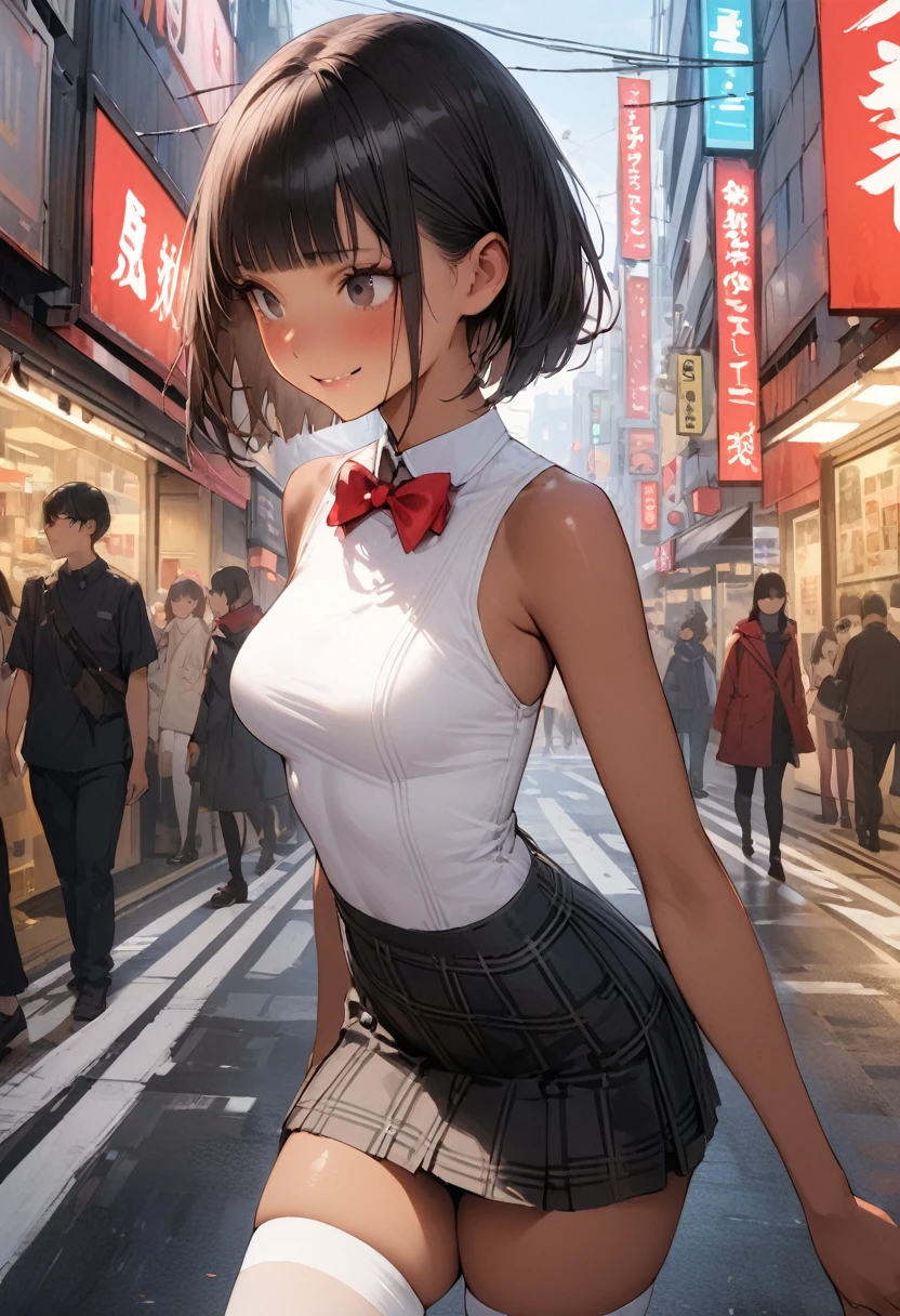 ((masterpiece,Highest quality:1.3,best quality illustration)),((realistic)),cowboy shot,独奏,1woman,(20 year old beauty),black hair,short bob hair,blunt bangs,black eyes,gorgeous big eyes,((very small head:1.3)),shy,smile,((very long body:1.3,skinny,tan skin)),medium breasts,(Red bow tie、White sleeveless shirt、Black plaid mini skirt、white_thighhighs),gleaming skin,toned body,slender body,standing,on street,neon、Shibuya Station、