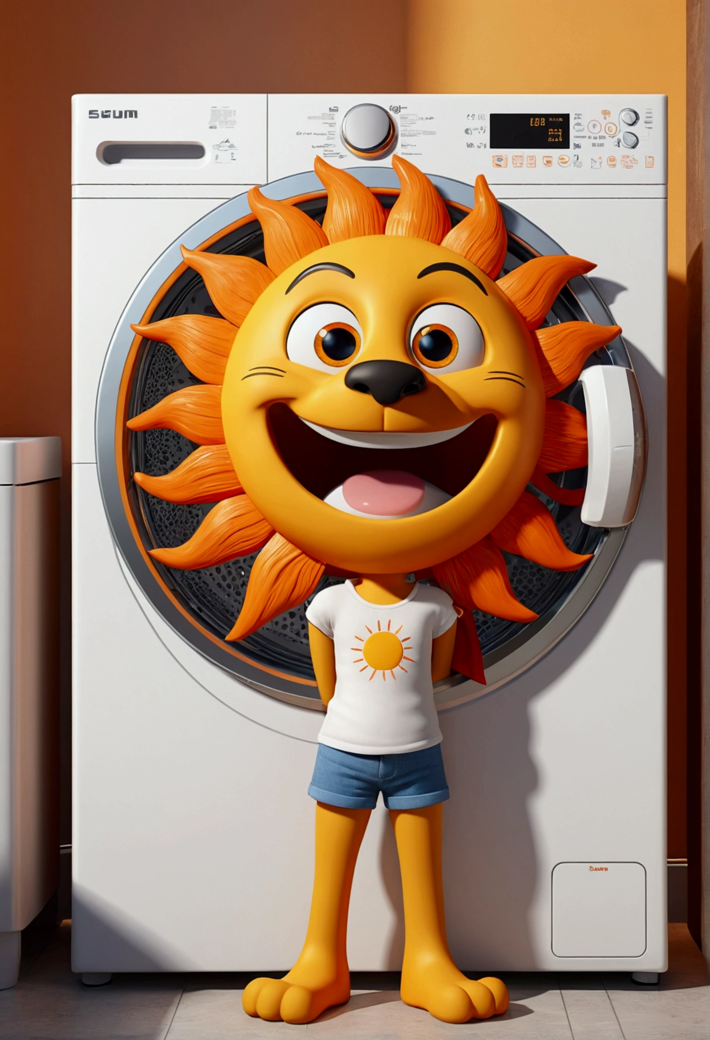 (design of character),Sun with enthusiasm and joy while standing in front of a washing machine, anthropomorphic sun, Mattresses are tiger, smiling, big shiny eyes, Fantastic,Eccentric,similar to a fairy tale, super detailing, pixel style, vibrant with colors, soft natural light, solid color backdrop, 5-octane rendering, a gorgeous, Ultra Wide Angle, 8k, high realism, 8k