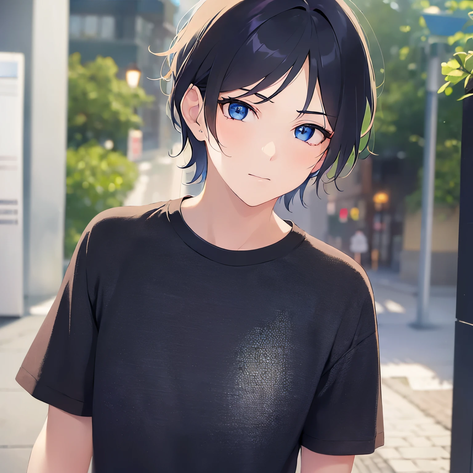 (25-year-old male:1.5) and (Black short hair) and (blue eyes)
(black) and (T-Shirts),(looking at viewer:1.5),upper body,
shiny skin, masterpiece、Highest quality、,serious、blush,
(Night Park:1.5)、（Night Sky：1.5）、grass、