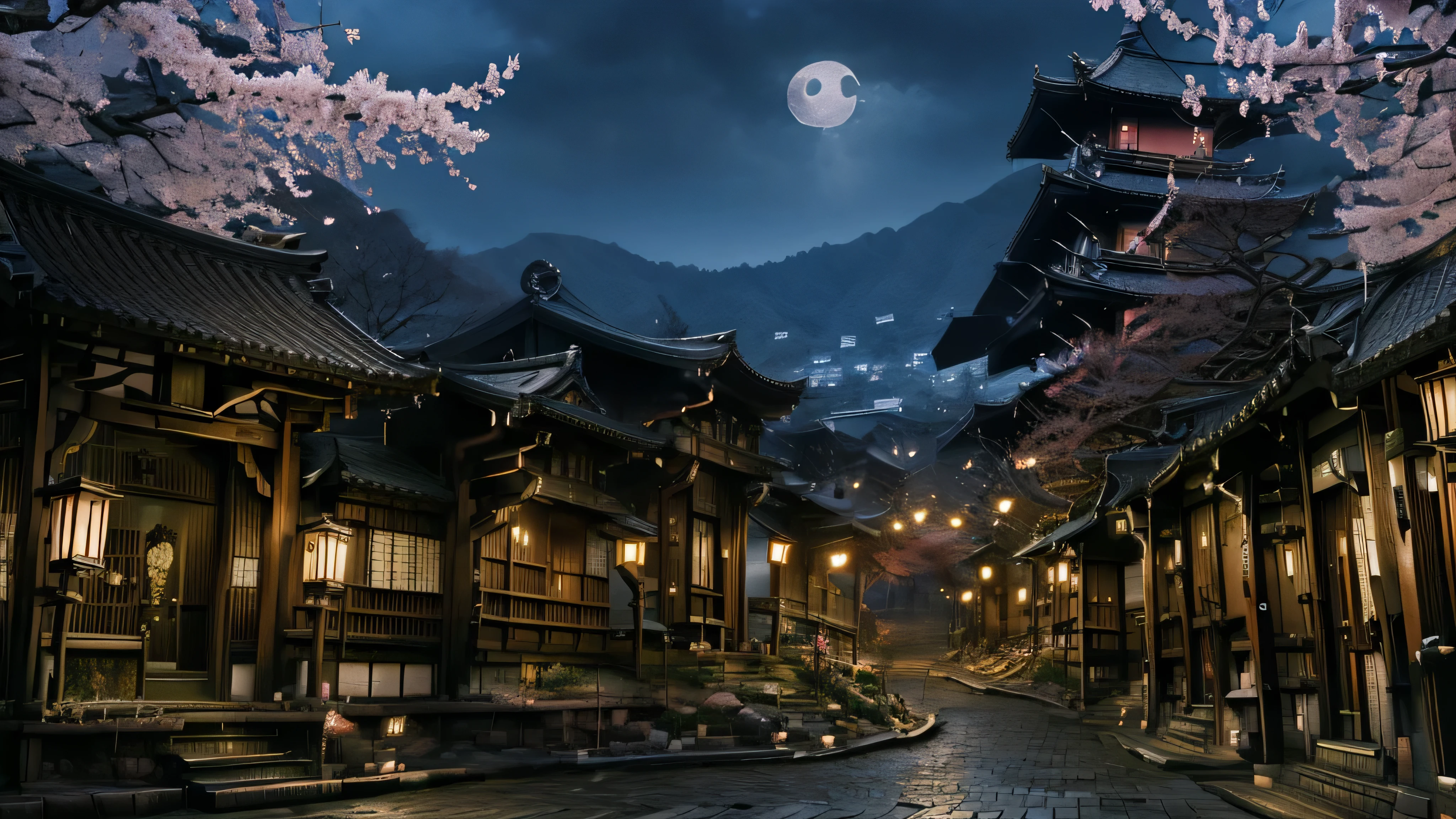 Kyoto、Streetscape、Fantasy、night、moon、cherry blossomachiya、Early 20th century Japanese cityscape、Old city、
