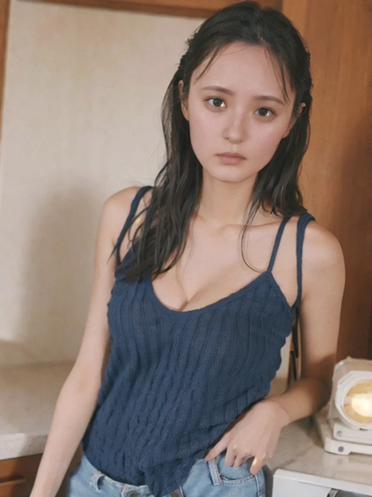 (Real, High resolution:1.3), One girl with a perfect body, Very beautiful face and eyes,Long Hair, Random color tank top:1.2, Short jeans, Big Breasts,Exposing cleavage