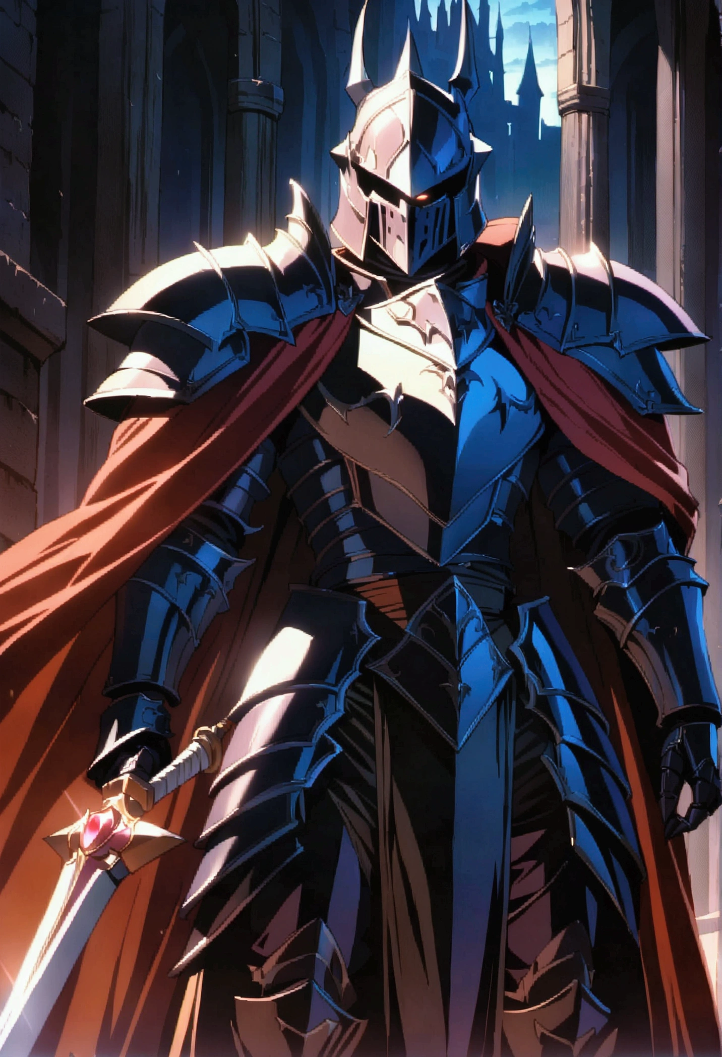 Masterpiece, highest quality, ultra detailed, 90s anime, evil knight, heavy armor, sharp edges, intimidating helmet, tattered cloak, holding sword, dark aesthetic, cinematic lighting, fantasy setting