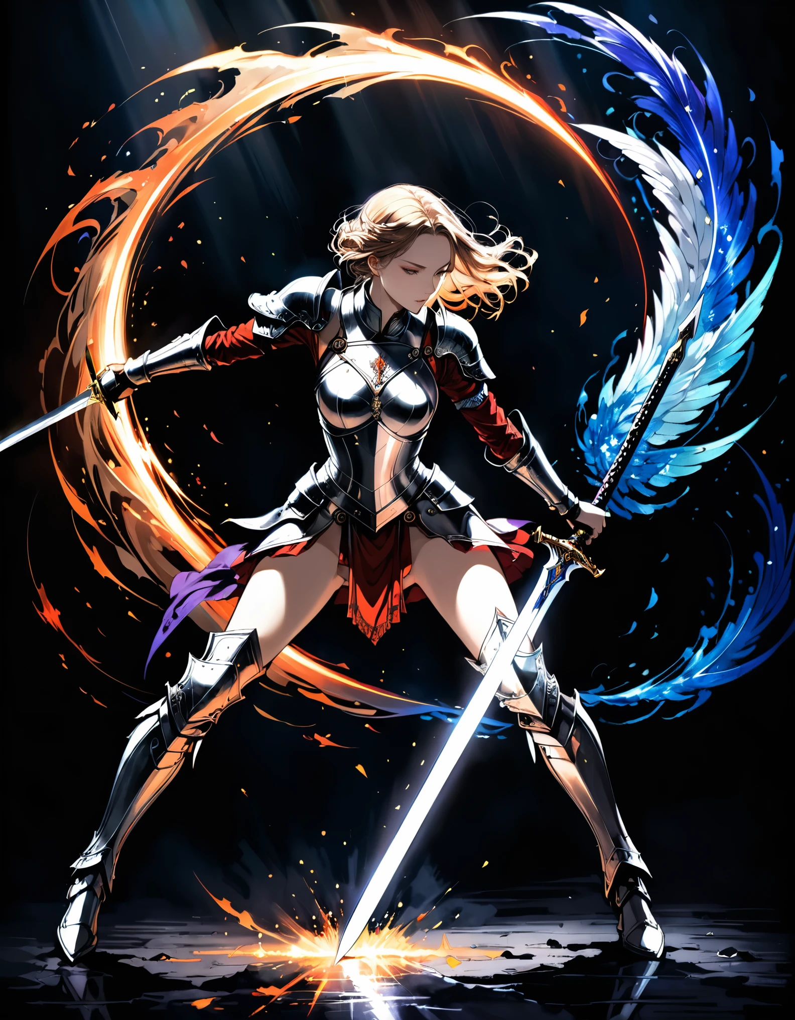 in style of Santiago Caruso,in style of Harry Clarke,best quality, masterpiece, high resolution, 1girl,cowboy shot,knight,Diffuse gradient armor,Wide spectrum gradient,Light effects surrounding the girl,((Combat Action,Legs sinking,bend over,Accumulating power,Holding a big sword with both hands,Dynamic lens,Dynamic Action)),The arc of the wind shows the feeling and momentum of swinging a sword,(Motion Blur),blur background,Shines brightly,vivid color,Tyndall effect,Reality, Dark Studio, Edge lighting, Two-tone lighting,(High Detail Skin:1.2),