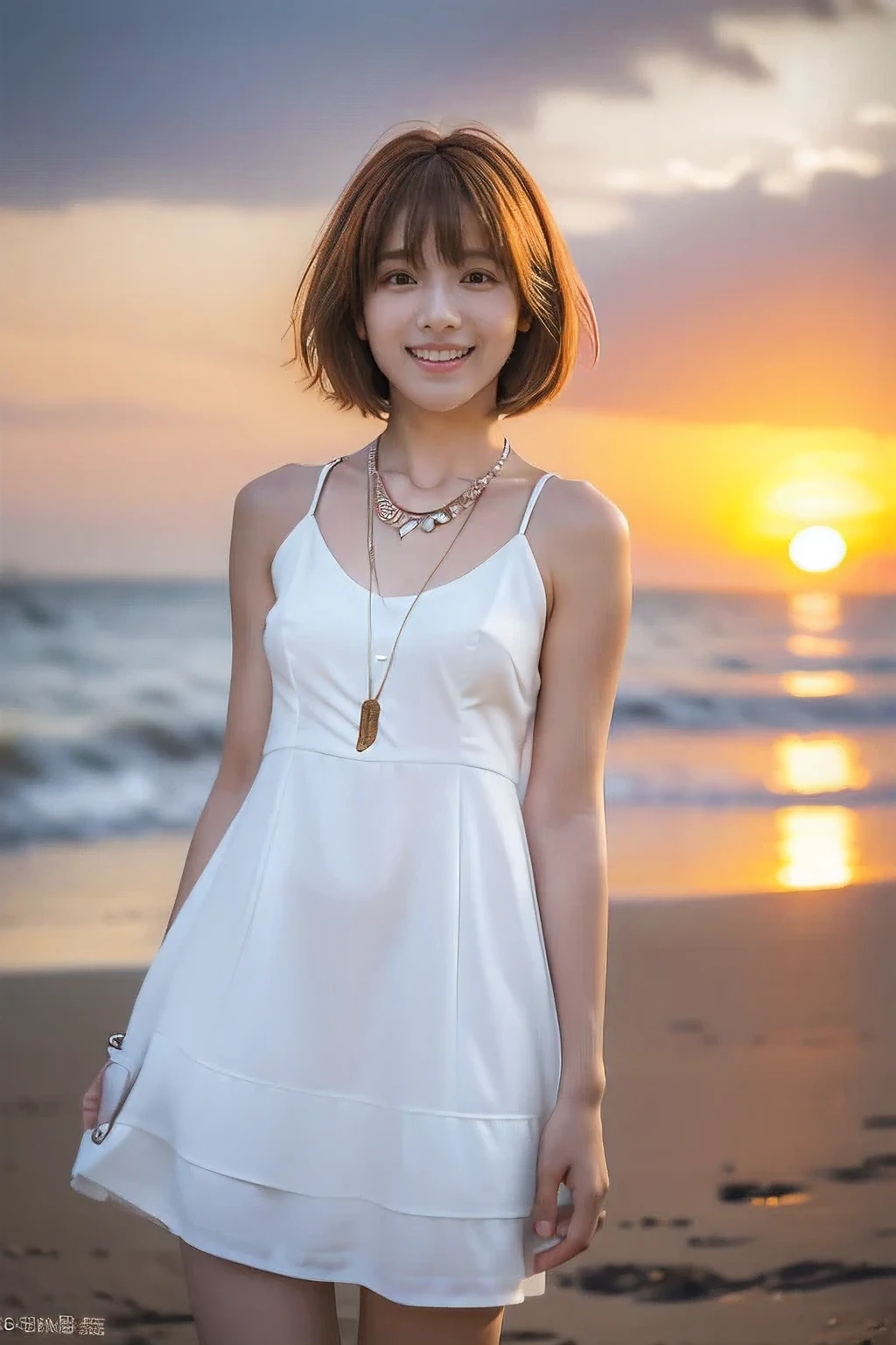 (Standing on the beach watching the sunset:1.5)、(A kind smile:1.5)、(18-year-old female:1.5)、(The best quality at its best:1.4), (Super detailed), (Very detailed CG unified 16k), Beautiful woman with perfect figure: 1.4, Sharp focus: 1.2, Very detailed, High-quality RAW color photos, Professional photography, Great face and eyes, cosmetics, (Amazingly beautiful girl), ((Cute grey dress:1.5)), Realistic movie faces, Full body long view from head to toe, Realistic, ((Realistic natural orange red hairstyle)), ( Short Bob Hair:1.5), (necklace:1.5)、, Very beautiful face, Perfect model beauty, Mouth swelling, Highly detailed face and skin texture, Fine grain, double eyelid, Medium chest, (masterpiece), Highest quality, High resolution, Very detailed, Blurred Background, Depth of written boundary, Cinema Lighting, Great legs, , Clear, well-maintained skin,((Full body shot from head to toe:1.5))