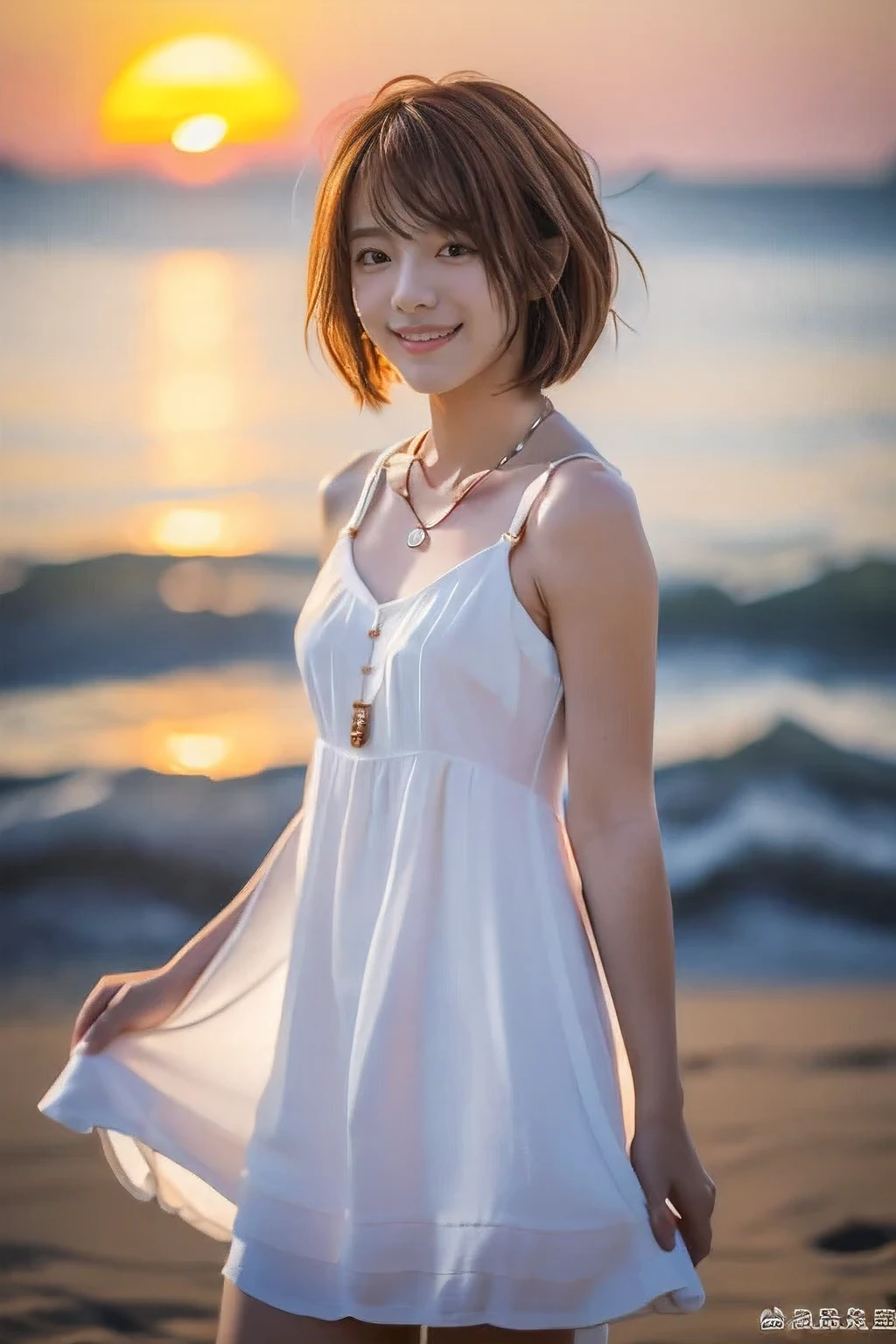 (Standing on the beach watching the sunset:1.5)、(A kind smile:1.5)、(18-year-old female:1.5)、(The best quality at its best:1.4), (Super detailed), (Very detailed CG unified 16k), Beautiful woman with perfect figure: 1.4, Sharp focus: 1.2, Very detailed, High-quality RAW color photos, Professional photography, Great face and eyes, cosmetics, (Amazingly beautiful girl), ((Cute grey dress:1.5)), Realistic movie faces, Full body long view from head to toe, Realistic, ((Realistic natural orange red hairstyle)), ( Short Bob Hair:1.5), (necklace:1.5)、, Very beautiful face, Perfect model beauty, Mouth swelling, Highly detailed face and skin texture, Fine grain, double eyelid, Medium chest, (masterpiece), Highest quality, High resolution, Very detailed, Blurred Background, Depth of written boundary, Cinema Lighting, Great legs, , Clear, well-maintained skin,((Full body shot from head to toe:1.5))