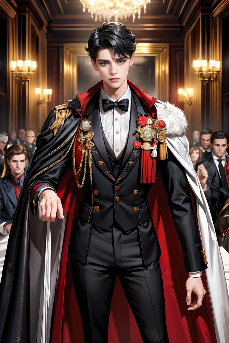 masterpiece, 最high quality, high quality, 1 boy, alone, Male focus, Watching the audience, Messy black hair, Adorable big blue eyes, White people, Noble, Noble,Sexy voluminous black and red cape、Tuxedo、A very voluminous, large, very large, very large, long, long red and black cape with a high stand-up collar, reaching down to the floor, made of a lot of fabric., 17 years old,Cute beautiful boys,Cute, cute, kind, handsome guy
