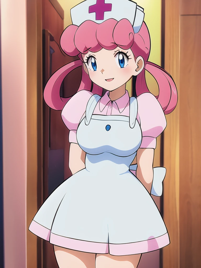 1girl,Nurse Joy, pink hair, rolled bangs, looped low twintails, blue eyes, nurse cap, pink shirt, puffy sleeves, pink skirt, white apron, white back ribbon,