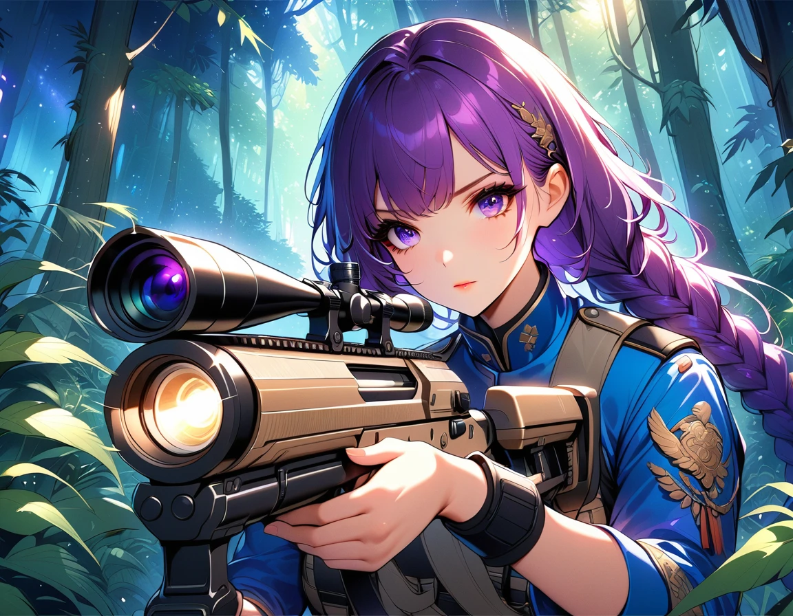 A female sniper, Intricate details, Highly detailed military uniform, Delicate face, beautiful eyes, Long eyelashes, Determine the expression, Holding, In a forest environment, Sunlight through the trees, light, Vibrant colors, Drama, masterpiece,aim