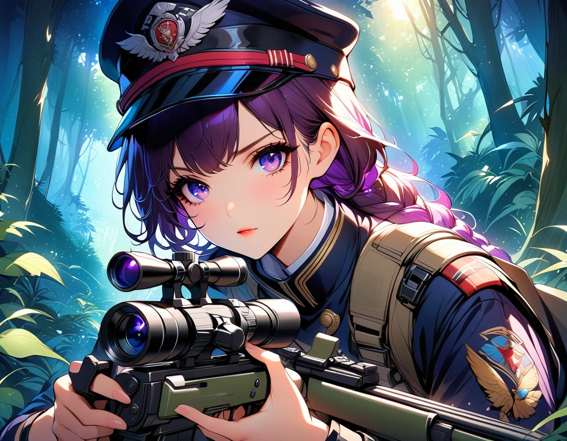A female sniper, Intricate details, Highly detailed military uniform, Delicate face, beautiful eyes, Long eyelashes, Determine the expression, Holding, In a forest environment, Sunlight through the trees, light, Vibrant colors, Drama, masterpiece,aim
