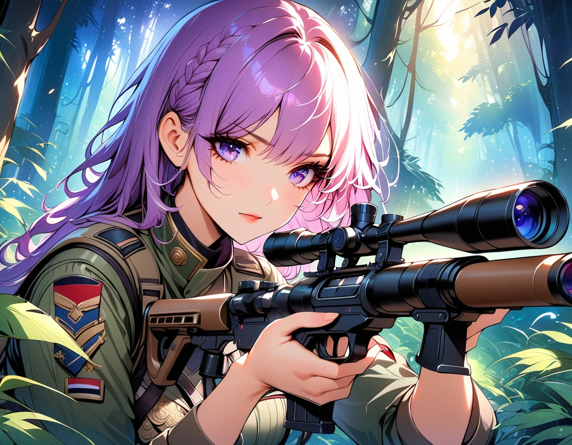 A female sniper, Intricate details, Highly detailed military uniform, Delicate face, beautiful eyes, Long eyelashes, Determine the expression, Holding, In a forest environment, Sunlight through the trees, light, Vibrant colors, Drama, masterpiece,aim