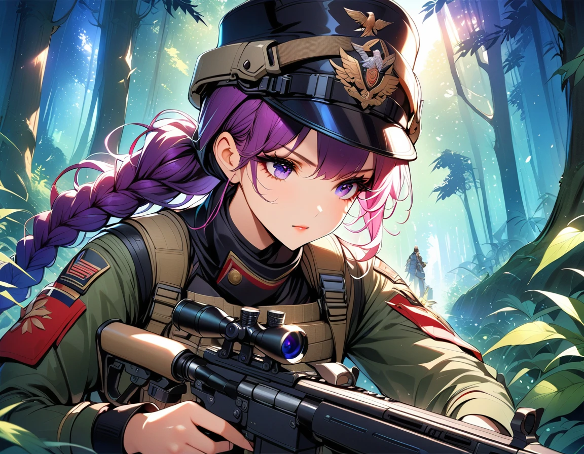 A female sniper, Intricate details, Highly detailed military uniform, Delicate face, beautiful eyes, Long eyelashes, Determine the expression, Holding, In a forest environment, Sunlight through the trees, light, Vibrant colors, Drama, masterpiece,aim