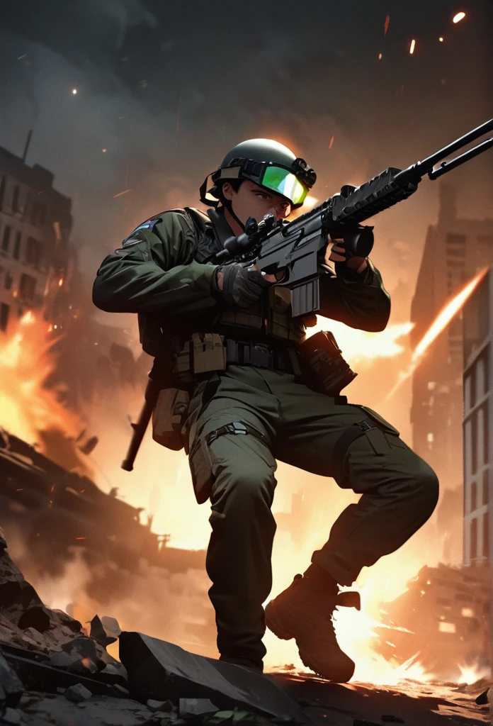 high quality, high definition images, full HD、8k.ung man, Short brown hair in American combat uniform Wear a helmet deeply, holding a sniper rifle 、midnight city area, using a night vision goggle, pitch black The night vision light is green, Firing a gun from the rubble, 8k, HD, hyper detailed, anatomically correct