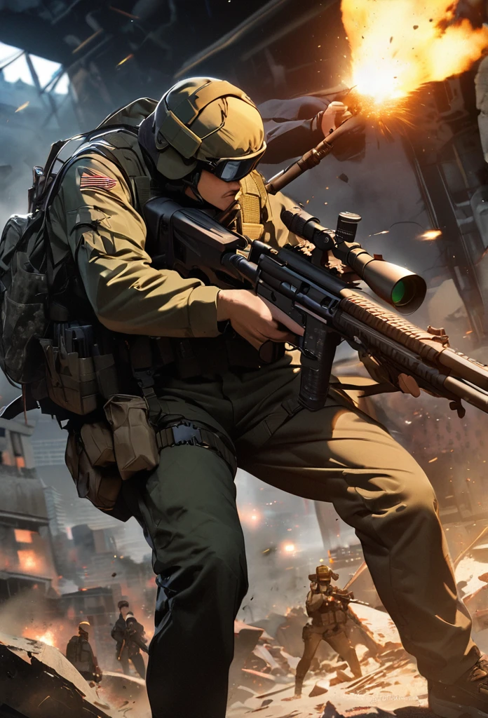 high quality, high definition images, full HD、8k.1 young man, Short brown hair in American combat uniform Wear a helmet deeply, holding a sniper rifle 、midnight city area, using a night vision goggle, pitch black The night vision light is green, Firing a gun from the rubble, 8k, HD, hyper detailed, anatomically correct