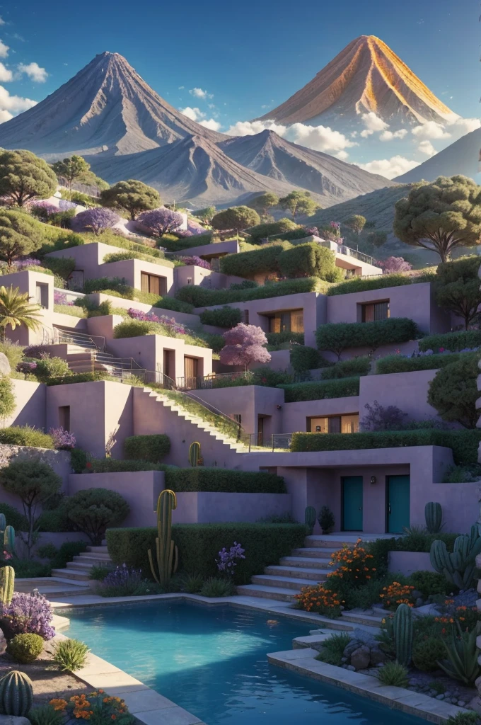 Multiple houses, brutalism style, Luis Barragán, Mountains in background, river, pool, terraces, stairs, garden terraces, trees, beautiful clouds, moon, sun, detailed, cacti, boulders, volcanic rocks, fuggy, Violet, orange, olive green, blue, magenta, amazing volcano in horizont, beautiful garden design
