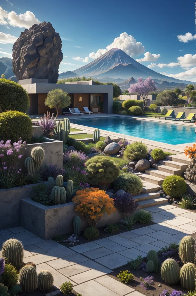 Multiple houses, brutalism style, Luis Barragán, Mountains in background, river, pool, terraces, stairs, garden terraces, trees, beautiful clouds, moon, sun, detailed, cacti, boulders, volcanic rocks, fuggy, Violet, orange, olive green, blue, magenta, amazing volcano in horizont, beautiful garden design