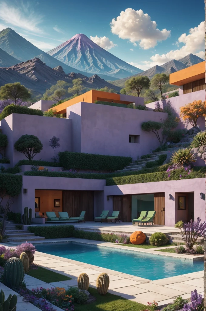 Multiple houses, brutalism style, Luis Barragán, Mountains in background, river, pool, terraces, stairs, garden terraces, trees, beautiful clouds, moon, sun, detailed, cacti, boulders, volcanic rocks, fuggy, Violet, orange, olive green, blue, magenta, amazing volcano in horizont, beautiful garden design