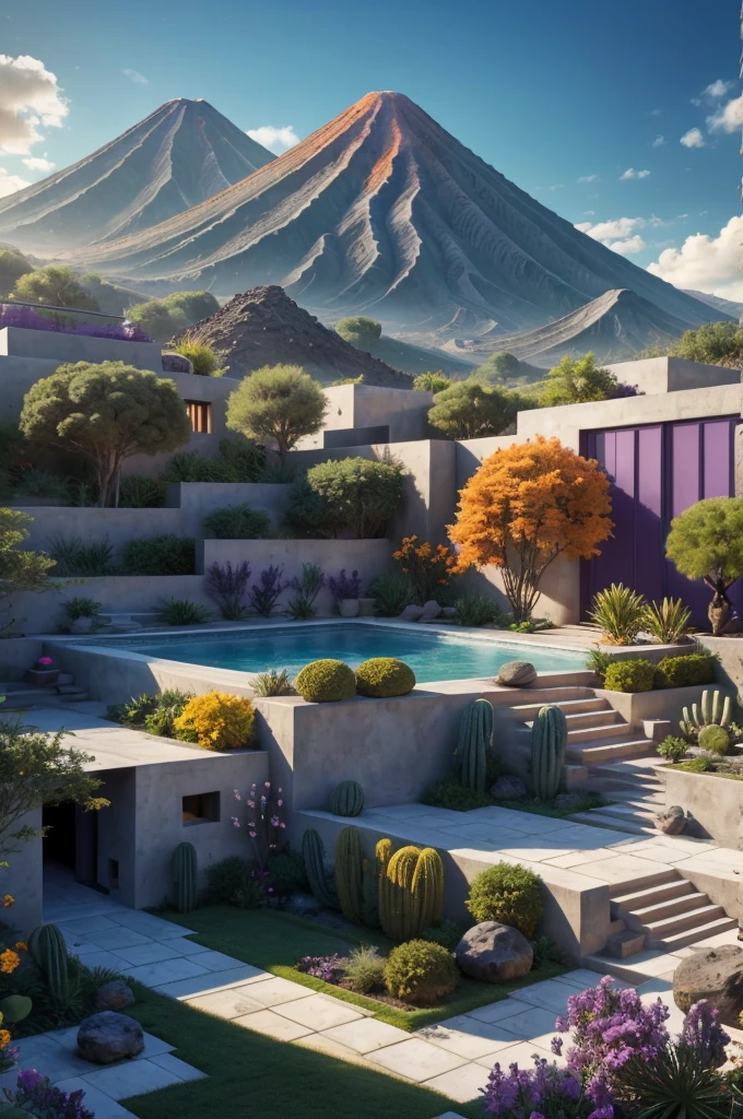 Multiple houses, brutalism style, Luis Barragán, Mountains in background, river, pool, terraces, stairs, garden terraces, trees, beautiful clouds, moon, sun, detailed, cacti, boulders, volcanic rocks, fuggy, Violet, orange, olive green, blue, magenta, amazing volcano in horizont, beautiful garden design