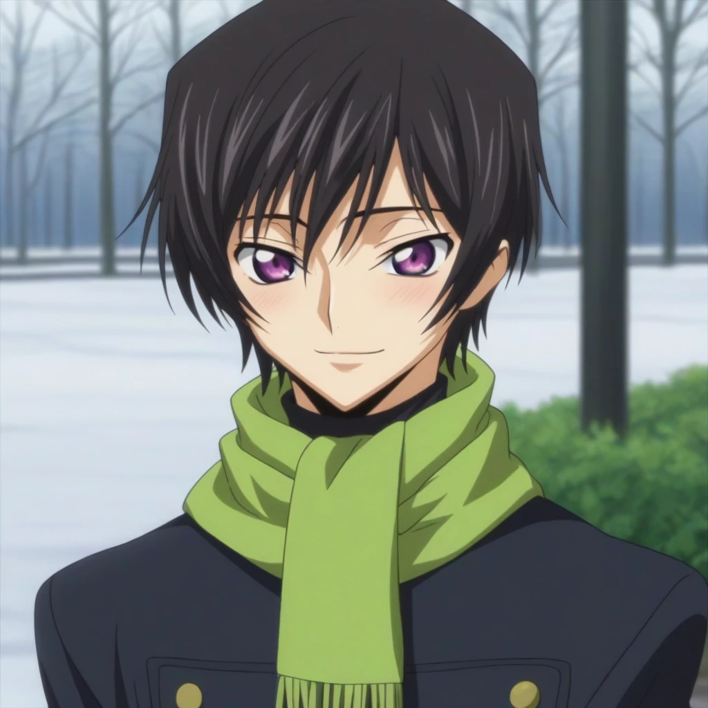 score_9, score_8_up, score_7_up, source_anime, rating_safe, intricate details, anime screencap, , , looking at viewer, depth of field, 1boy, solo, male focus, lelouch_lamperouge, black hair, purple eyes, bangs, smile, blush, cute, black winter, green scarf, park, snow, day.