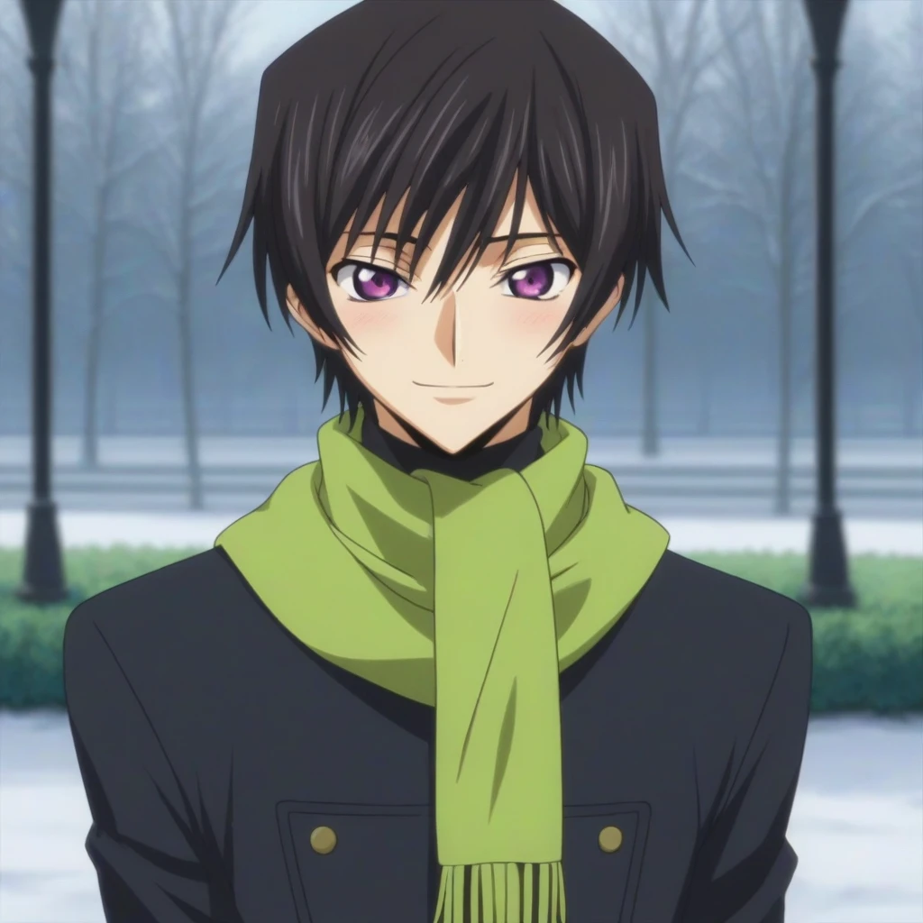 score_9, score_8_up, score_7_up, source_anime, rating_safe, intricate details, anime screencap, , , looking at viewer, depth of field, 1boy, solo, male focus, lelouch_lamperouge, black hair, purple eyes, bangs, smile, blush, cute, black winter, green scarf, park, snow, day.