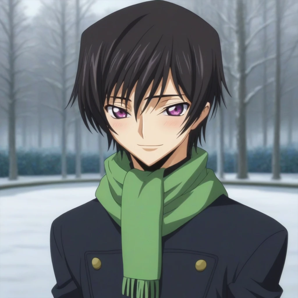 score_9, score_8_up, score_7_up, source_anime, rating_safe, intricate details, anime screencap, , , looking at viewer, depth of field, 1boy, solo, male focus, lelouch_lamperouge, black hair, purple eyes, bangs, smile, blush, cute, black winter, green scarf, park, snow, day.