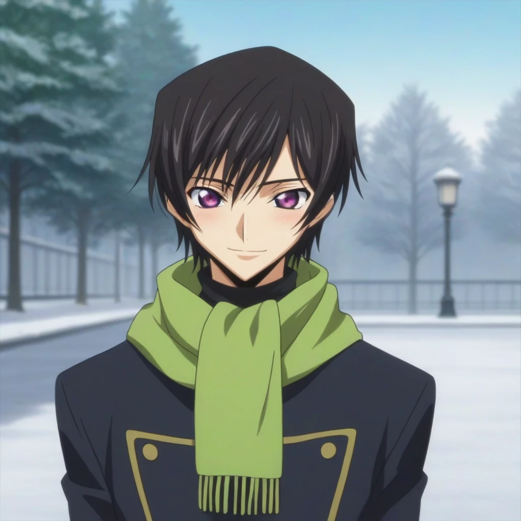 score_9, score_8_up, score_7_up, source_anime, rating_safe, intricate details, anime screencap, , , looking at viewer, depth of field, 1boy, solo, male focus, lelouch_lamperouge, black hair, purple eyes, bangs, smile, blush, cute, black winter, green scarf, park, snow, day.