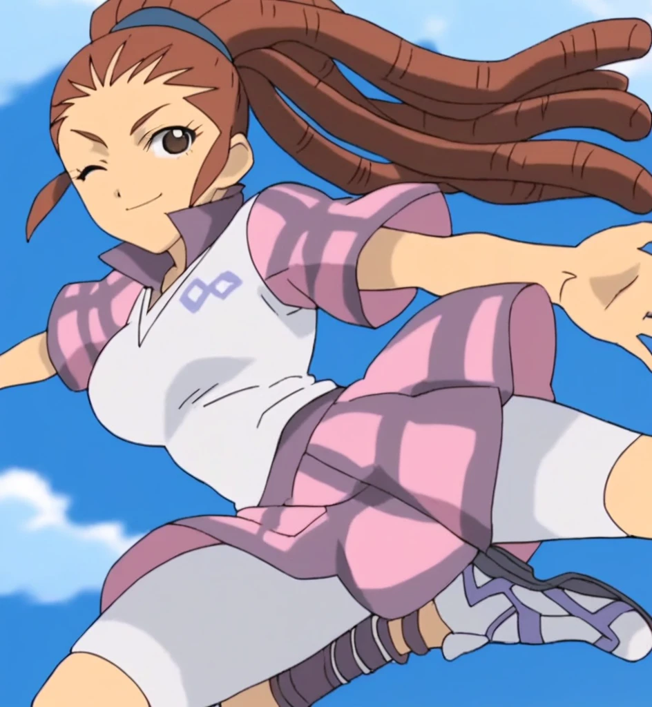 score_9, score_8_superior, score_7_superior, score_6_superior, score_5_superior, score_4_superior, sauce_anime, One girl, Midou Reika, Dreadlocks, Long Hair, High Ponytail, Brown eyes, Pause,, smile, View your viewers, Big Breasts ballerina ballet Anne O Wink heart Infatuated Dancing with the girls