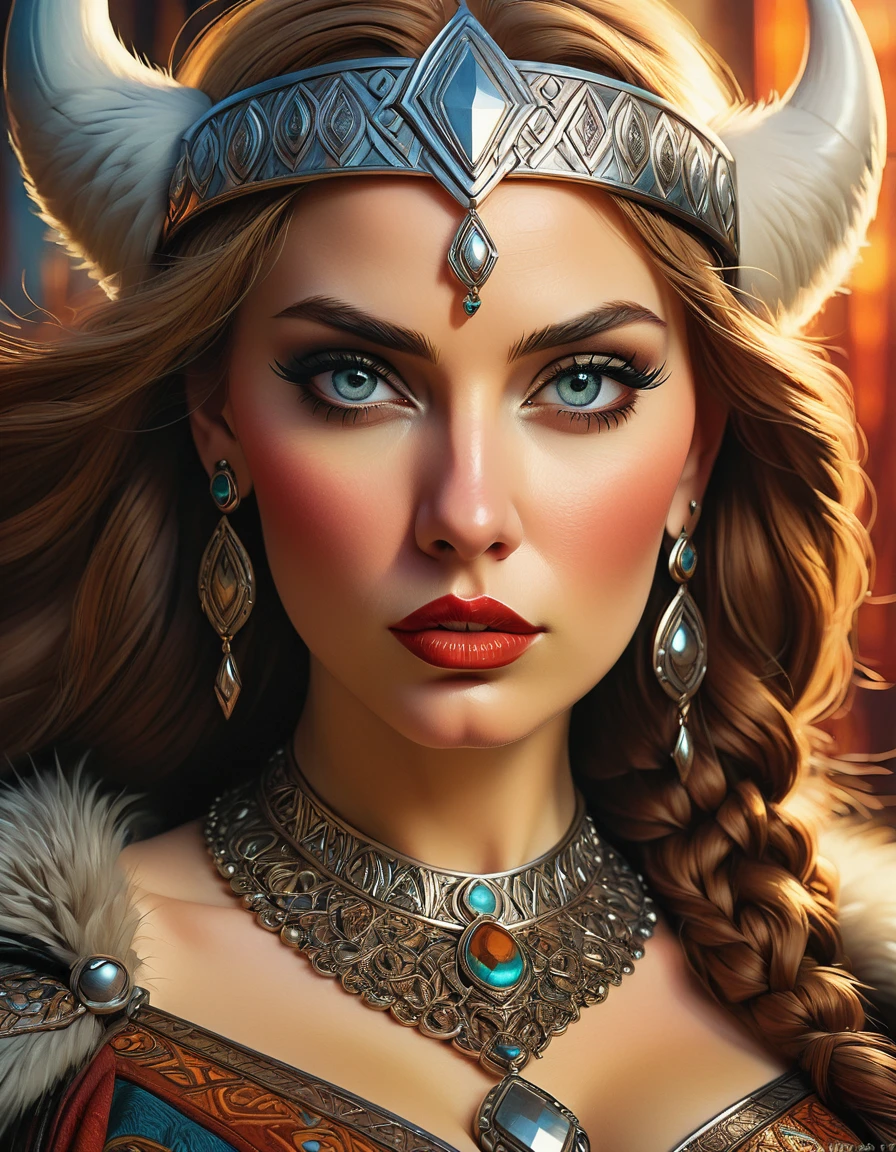 a beautiful busty viking woman, intricate art deco style portrait, highly detailed face, intense eyes, full lush lips, detailed skin texture, ornate jewelry, dramatic lighting, warm color palette, oil painting, photorealistic, 8k, high quality, masterpiece