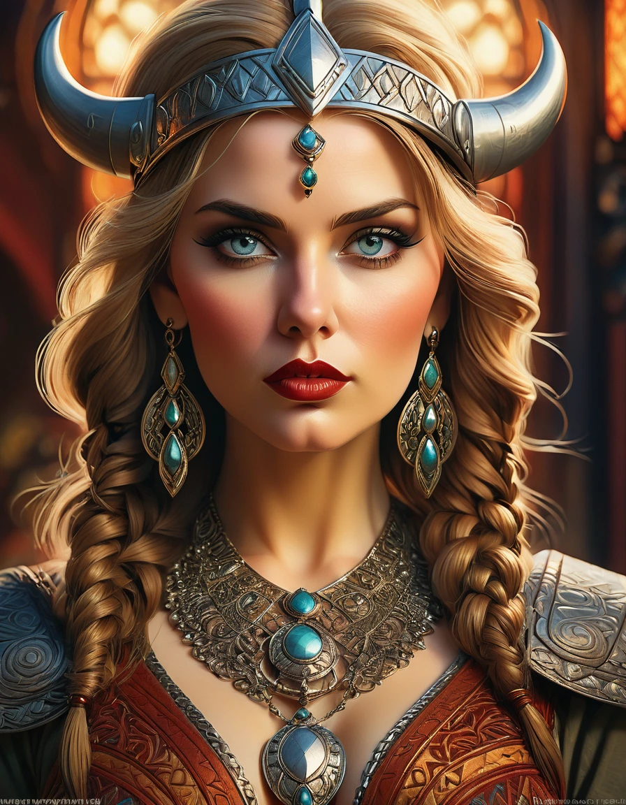 a beautiful busty viking woman, intricate art deco style portrait, highly detailed face, intense eyes, full lush lips, detailed skin texture, ornate jewelry, dramatic lighting, warm color palette, oil painting, photorealistic, 8k, high quality, masterpiece